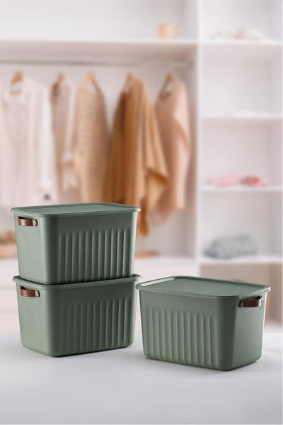 Bayev Boxs 3 Pieces Green 15 Lt Organizer Box with Lid Storage Decorative In-Cabinet Organizer