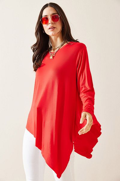 XHAN Red Asymmetrical Viscose Blouse 5Kxk2-49029-04