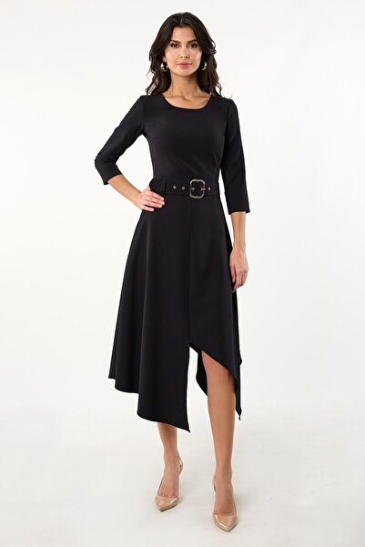 Spazio Nestore Yuvarlak Yaka Asimetrik Kesim Elbise SİYAH