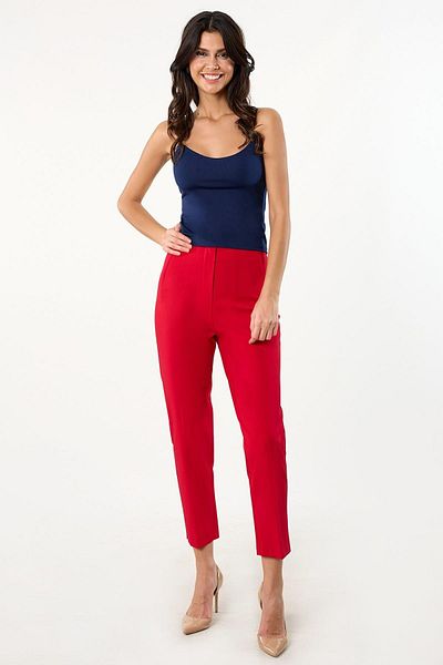 Spazio Maurico Red High Waist Beltless Cuffed Pants