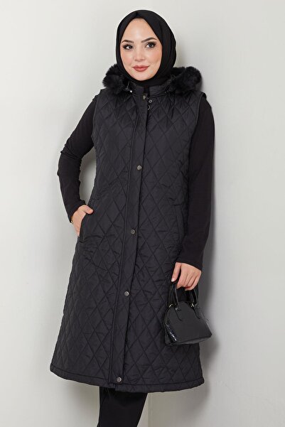 hafsamina Black Quilted Hooded Vest - Hm2539