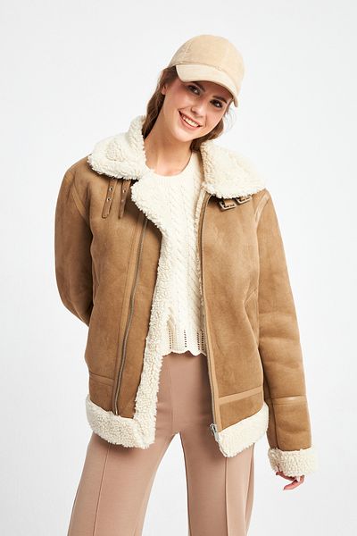 Ecrou Women's Camel Furry Front Zipper Suede Coat