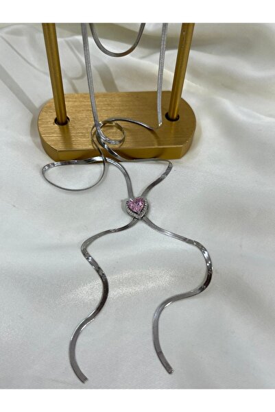 YASİN TOPÇU Çelik Silver Taş Işlemeli Ayarlanabilir Pembe Kalpli Kolye 60cm