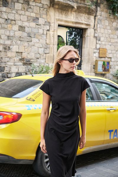 Jument Lycra Winter Velvet Knitwear Dress with Off Shoulder and Slit - Black