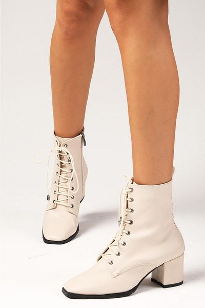 Mio Gusto Bethany Beige Women's Heeled Boots with Side Zipper and Laces