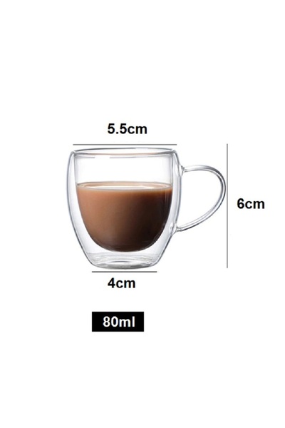 MİDU COFFEE & TEA Çift Cidarlı Kulplu Bardak Espresso Bardağı 6 Adet 80ml