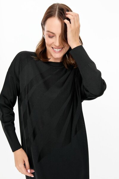 accort Kendinden Desenli Triko Elbise-SİYAH