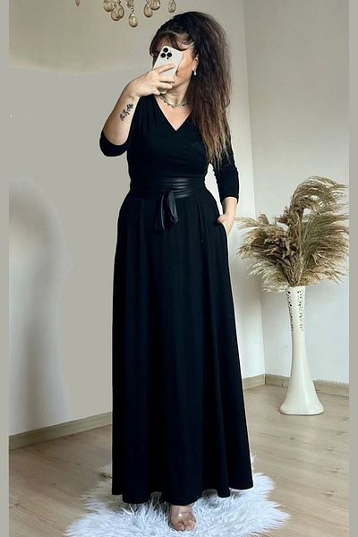 AZRA BUTİK Ολόσωμο ίσιο φόρεμα με ζώνη μαύρο