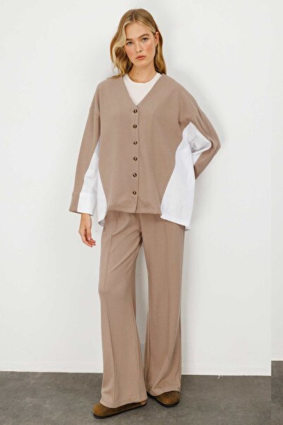 Hooopstore Σετ παντελονιού βιζόν με λεπτομέρεια από πλεκτό ποπλίνα