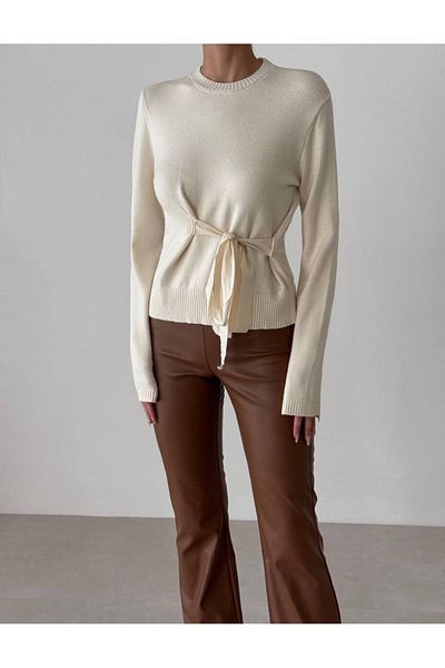 My Blog Ecru Miusa Front Tie Design Sweater-4507