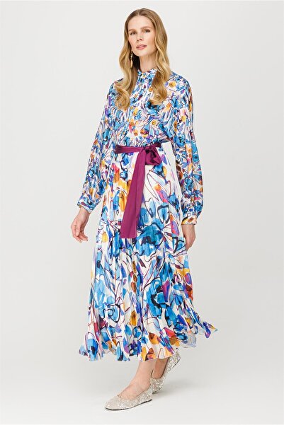 accort Hem Pleated Shirt Collar Patterned Dress - BLUE