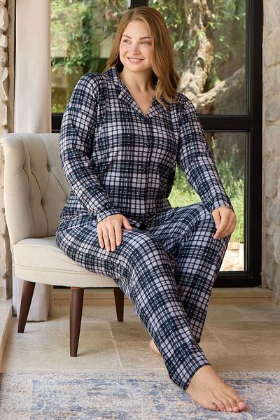 Pijamoni Women's Pajama Set Suede Long Sleeve Plaid Plus Size