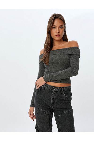 Koton Long Sleeve Slim Fit Madonna Collar Off-The-Shoulder T-Shirt