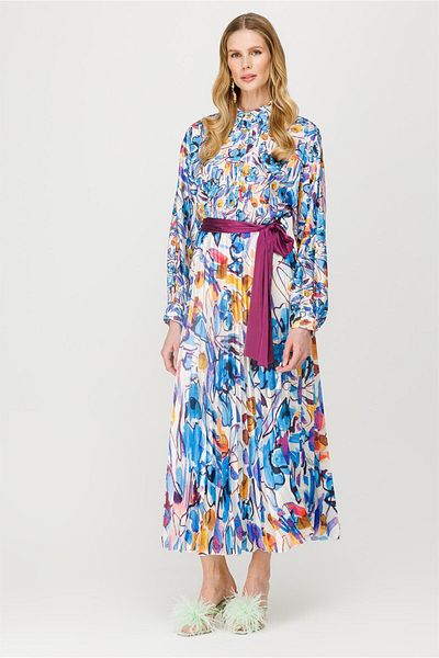 accort Hem Pleated Shirt Collar Patterned Dress - BLUE