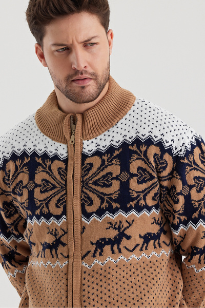 Tarz Cool Men's Patterned Zippered Stand Collar Cardigan