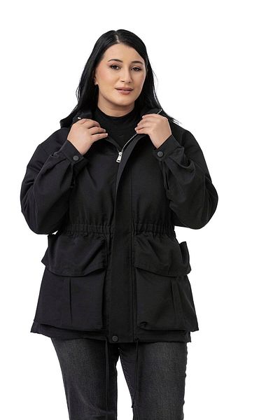 DISENTIS MODEST Large Size Black Trench Coat with Snap Fasteners and Zipper Closure and Drawstring Waist