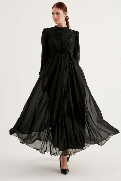 bonema Long Chiffon Dress with Lace Detail