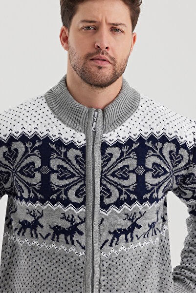 Tarz Cool Men's Patterned Zippered Stand Collar Cardigan