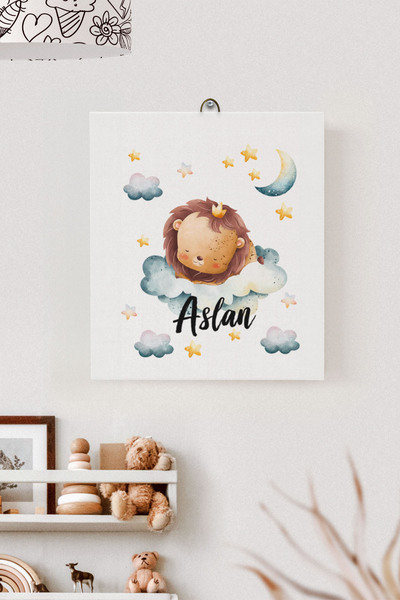 Lilabio İsme Özel Çocuk Odası Kanvas Tablo Aslan (17x21 Cm)