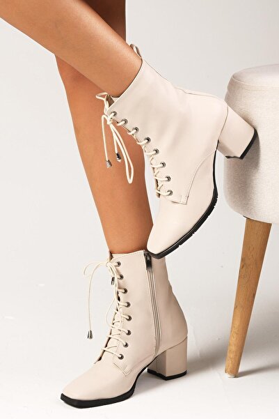 Mio Gusto Bethany Bej Renk Yandan Fermuarlı Ve Bağcıklı Küt Burunlu Kadın Topuklu Bot