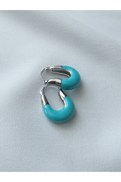 Siya Silver Mavi Mineli U Model Gümüş Renk Çelik Küpe