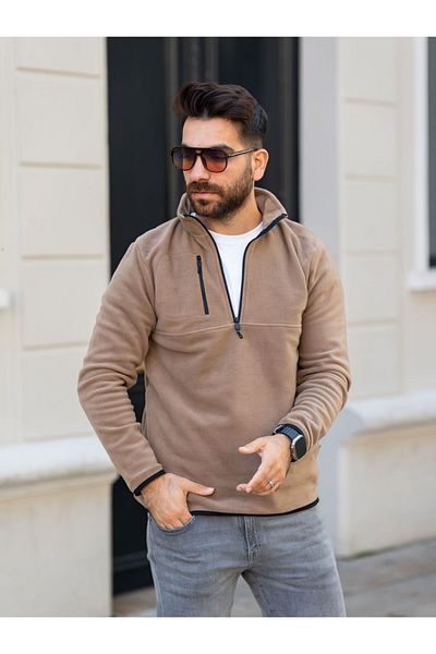 Black Sokak Men's Half Zippered Light Brown Fleece Sweatshirt with Chest Pocket Detail