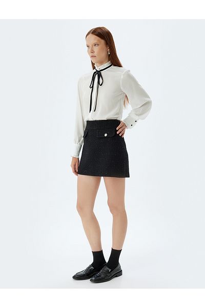 Koton Ruffled Stand Collar Shirt Bow Tie Detailed Crepe Fabric