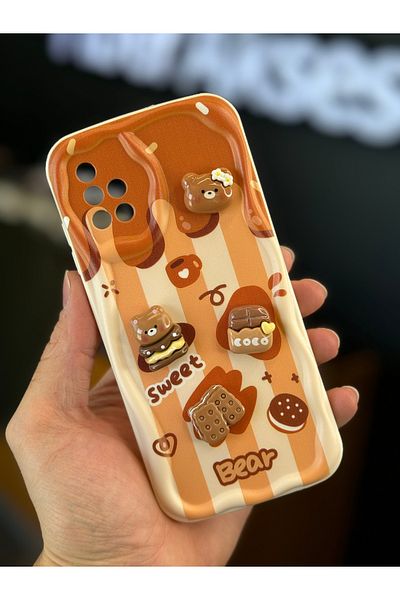 Fibaks حافظة متوافقة مع هاتف Galaxy A51 بتصميم منقوش لحماية الكاميرا على شكل دمية دب بسكويت وغطاء من السيليكون باللون القهوة