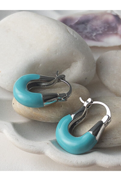 Siya Silver Mavi Mineli U Model Gümüş Renk Çelik Küpe