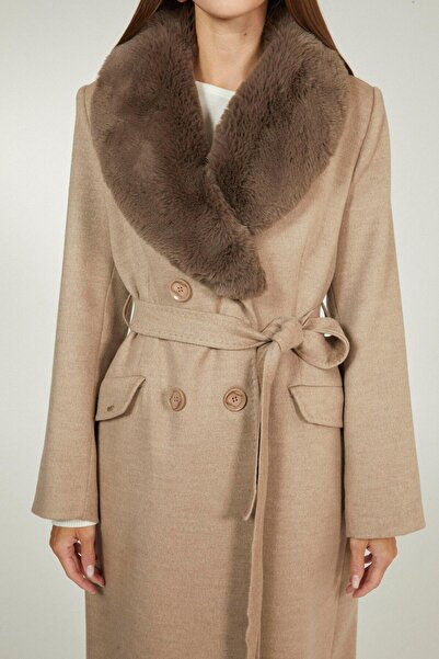 Zühre Collar Fur Detailed Latte Coat 12358