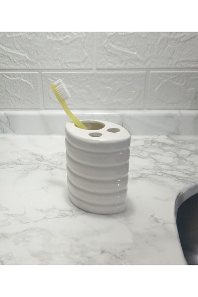 Bosphorus 9X6X11CM Ceramic External Brush Holder Oval Striped Bathroom Set