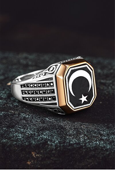 OSMANLI GÜMÜŞ Erkek Gümüş Yüzük - Üç Sıra Zirkon Taşlı Ay Yıldız Bayrak İşlem...