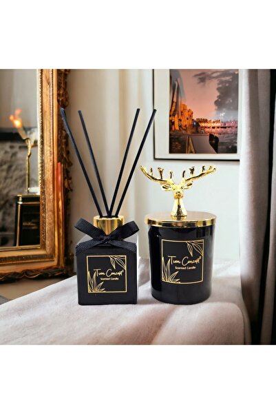 Tiem Concept Geyik Başlıklı Gold Detaylı Çubuklu 100 ml Oda Kokusu Ve Siyah Mum Seti