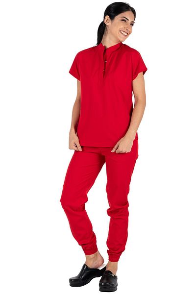 Alsancak Üniforma Red Lycra Thin Fabric - Doctor and Nurse Jersey Snap Model Set