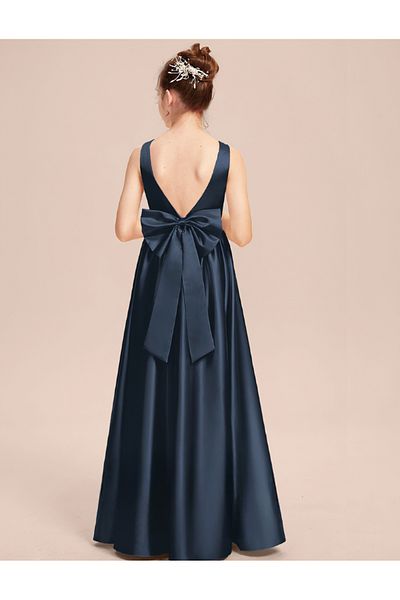 NSMLİFE Girl's Navy Blue Color Back V-Neck Detailed Elegant Satin Dress Graduation Birthday Christmas Dress