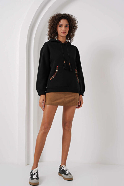 hazelin Women's Black Ethnic Patterned Hooded Ribbed Oversize Sweatshirt Hzl25W-Bd 1554431