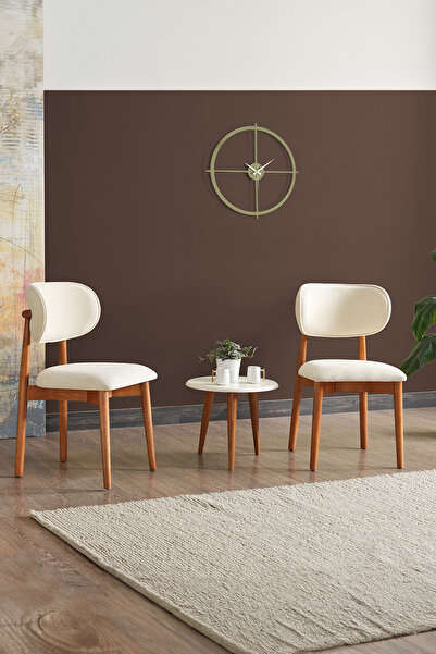 Evdemo Polo Bukle Kumaş 2’li Ahşap Lüks Sandalye Krem