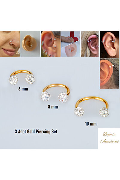 Begonia Accessories 316l Cerrahi Çelik Antialerjik Şambala 6mm ,8mm, 10mm 3 Adet Piercing Set