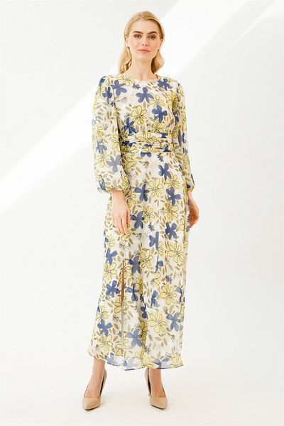 accort Balloon Sleeve Printed Long Dress - Sax