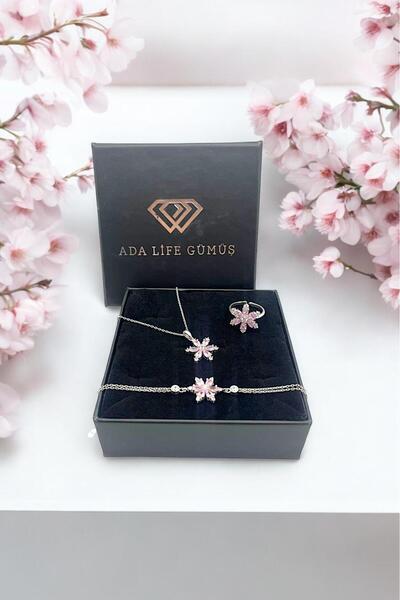 ADA LİFE GÜMÜŞ 925 Ayar Gümüş Lotus Çiçeği 3 Lü Set Kolye Bileklik Yüzük (ÖZE...