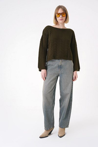 CHUBA Women's Patterned Spanish Sleeve Comfortable Fit Crew Neck Knitwear Sweater Khaki 25W3006