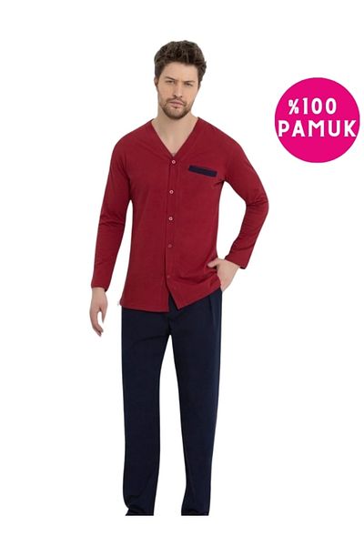 bie's Men's Claret Red V-Neck Front Buttoned Shirt Collar Chest Pocket Combed Cotton Pocket Long Sleeve Pajama Set