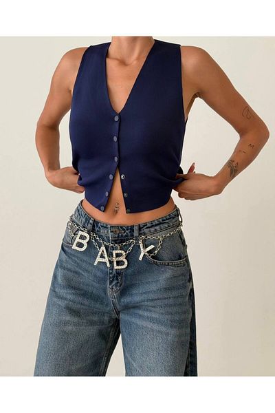 My Blog Navy Blue Elenor Snap Button Knitwear Vest-4518