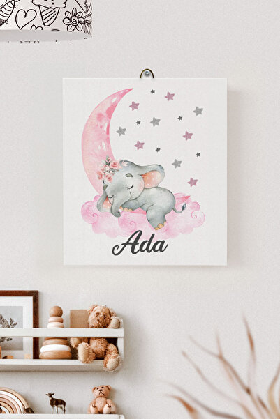 Lilabio İsme Özel Çocuk Odası Kanvas Tablo Fil (17x21 Cm)
