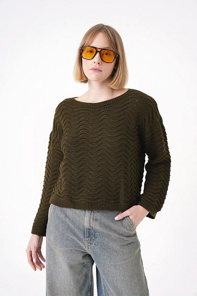 CHUBA Women's Patterned Spanish Sleeve Comfortable Fit Crew Neck Knitwear Sweater Khaki 25W3006