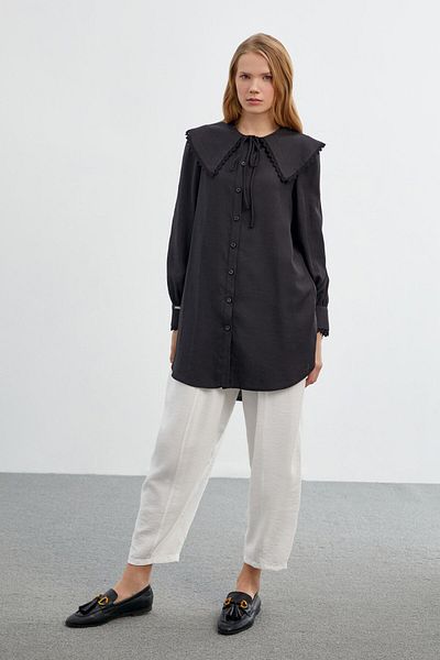 Zühre Black Lace Detailed Bow Shirt - G-0070