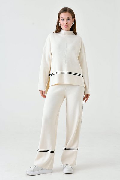 WOMAN VISION Cream Colored Stretch Knitwear Stripe Detailed Oversize Sweater and High Waist Trousers Set - 3040