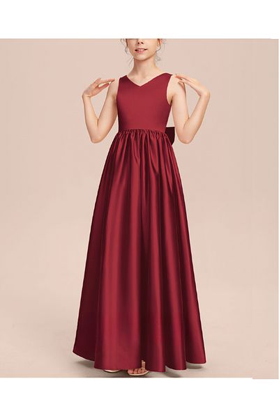 NSMLİFE Girl's Burgundy Color Back V-Neck Detailed Elegant Satin Dress Graduation Birthday Christmas Dress