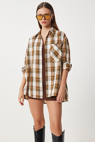 Lovelyİstanbul Ecru žlutá oversize kostkovaná tkaná košile - Lxr0004