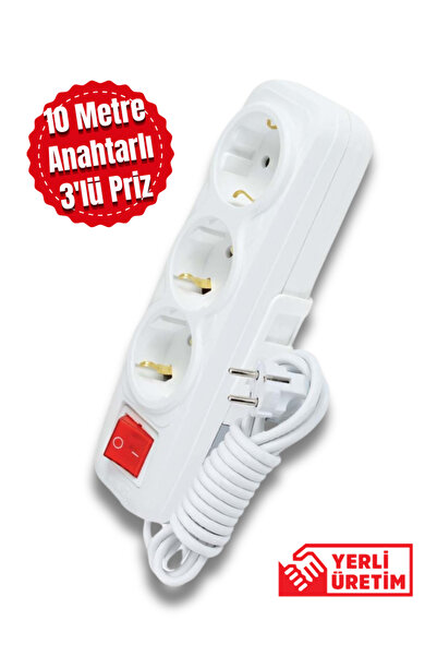 Tntech 3'lü Priz Anahtarlı 10m Uzatma Kablosu 9239